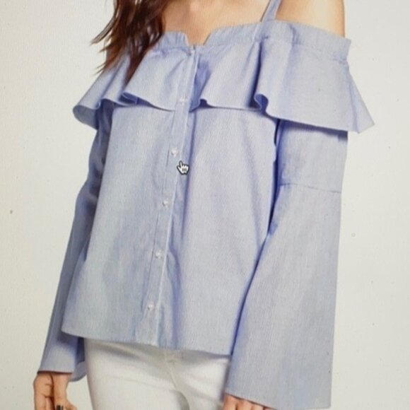 TROUVÉ | Ruffle Cold Shoulder Pinstriped Button Down Shirt - Size M - Picture 1 of 5